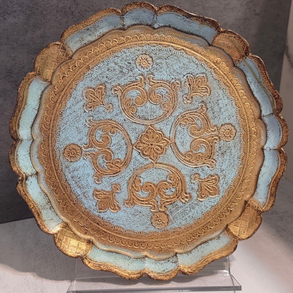 O.F.M. Florence Italy Florentine Wood Tray Gold Gilt Blue Scalloped 9.75"
